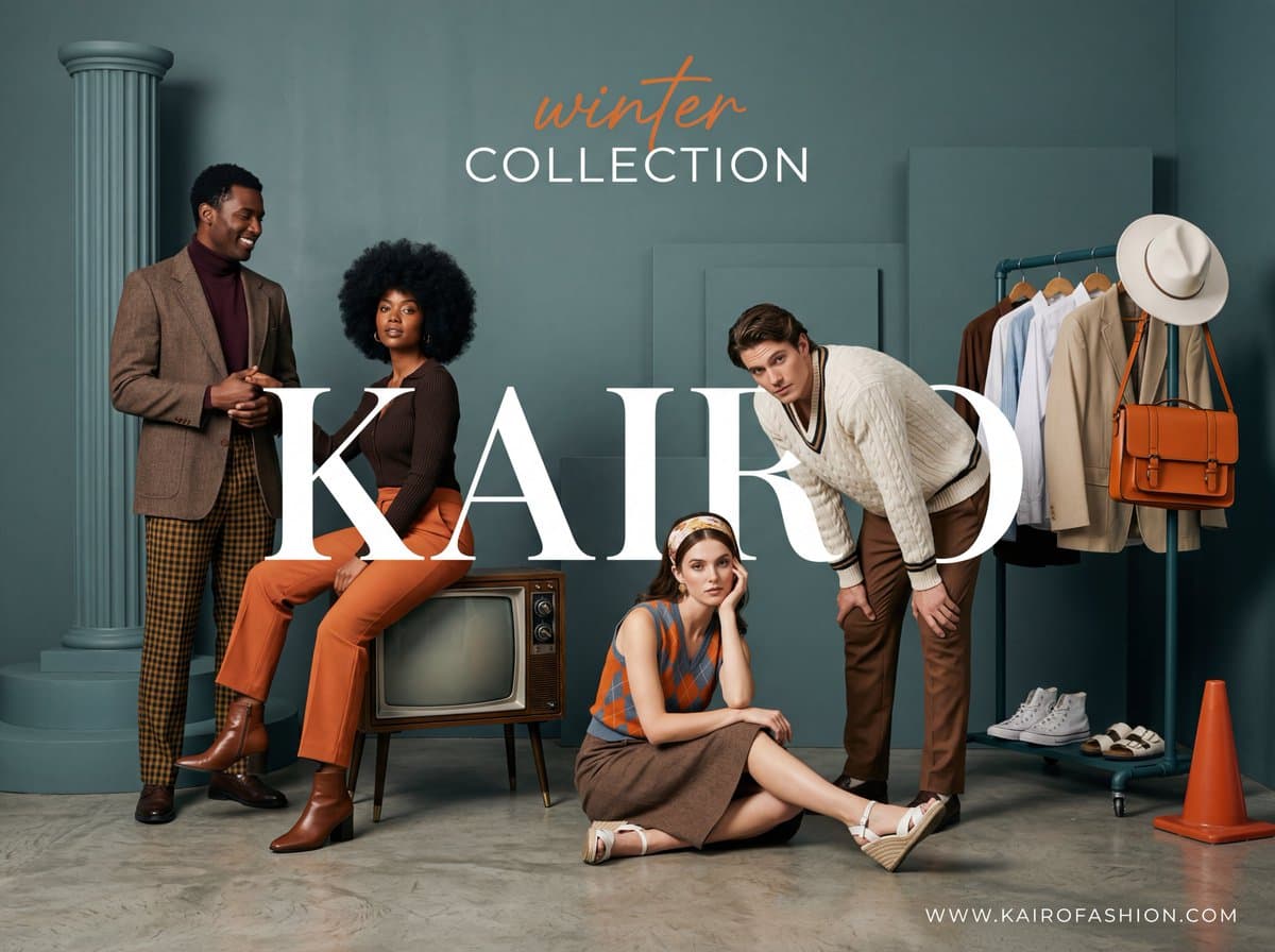 A wide-angle, studio fashion advertisement with a sophistica