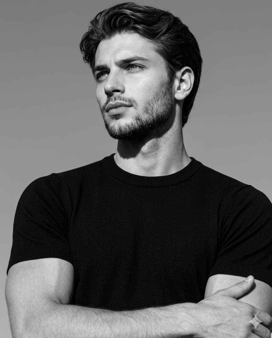 Ultra-realistic black-and-white editorial portrait, low-angl