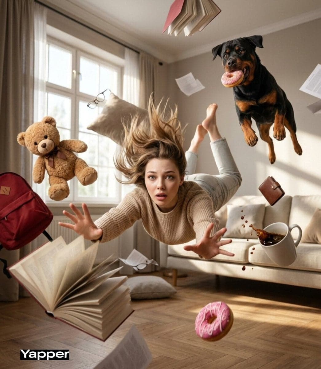 Cinematic surreal scene of a young woman falling forward thr