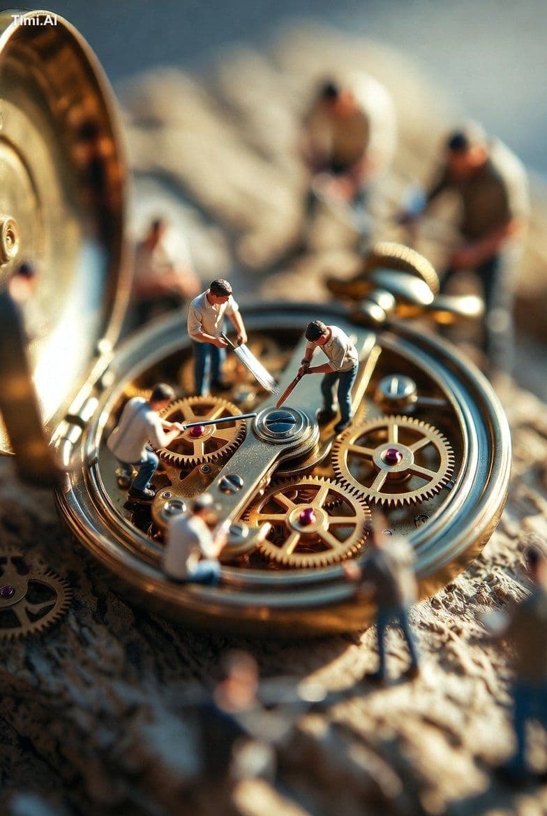 Ultra-realistic macro scene depicting tiny restoration worke