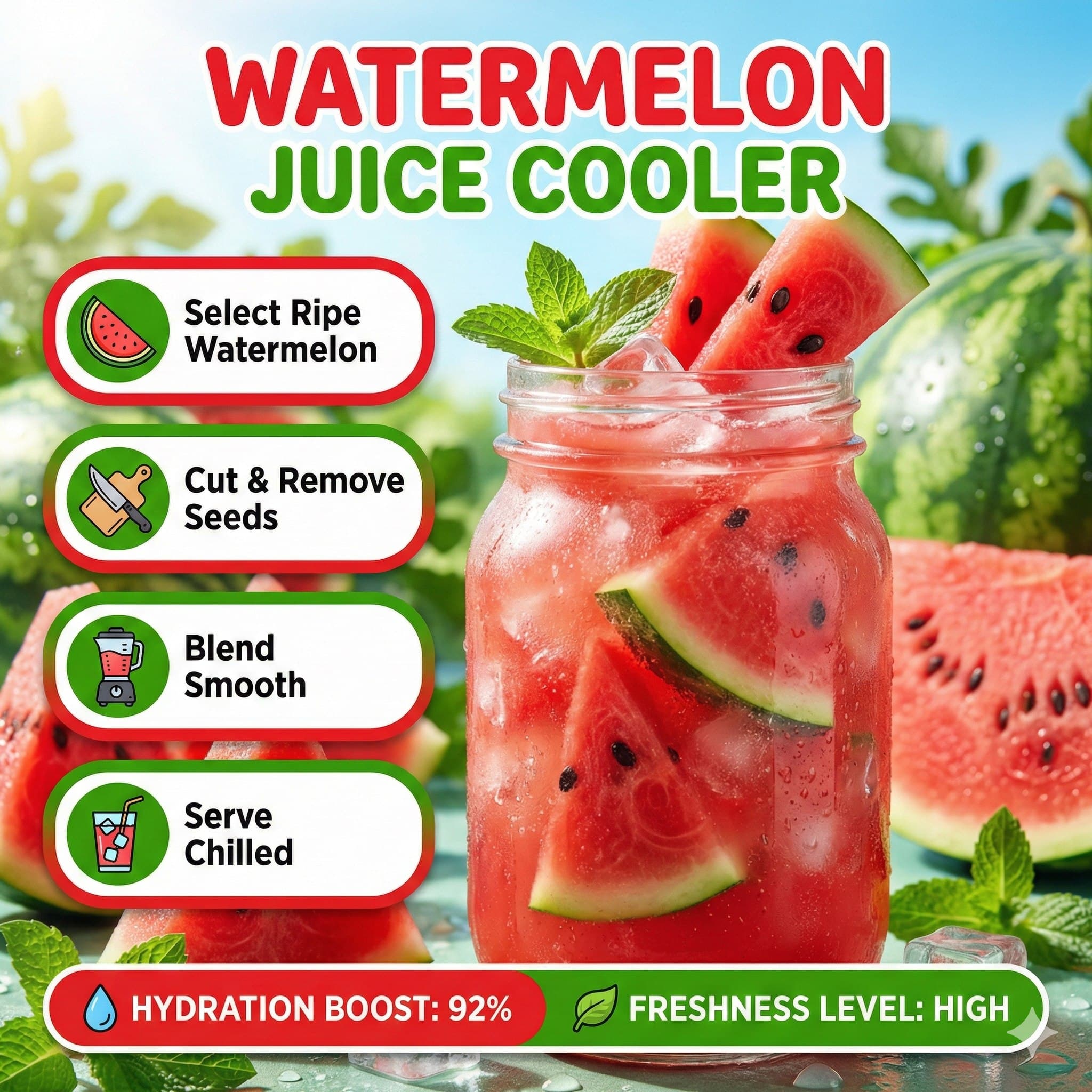 Prompt: Bright summer infographic showcasing watermelon juic