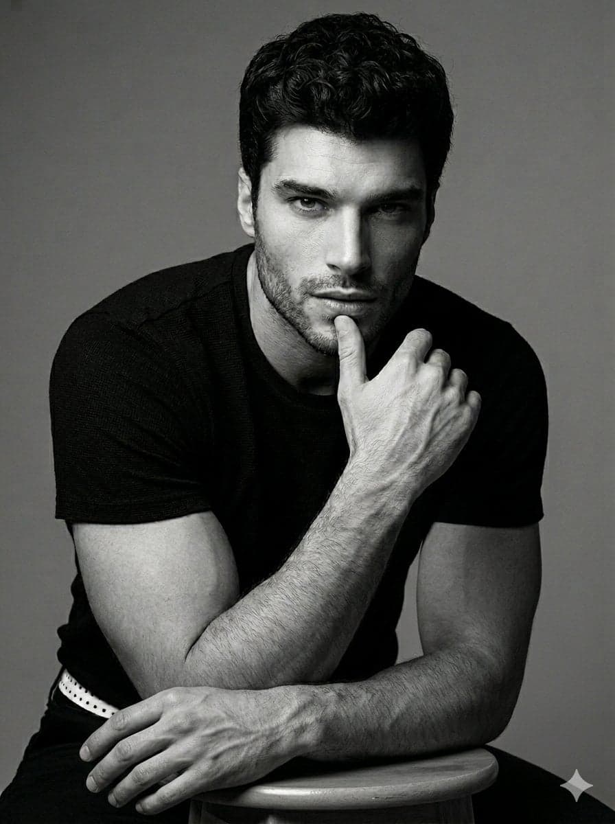 A professional black and white studio portrait of a handsome