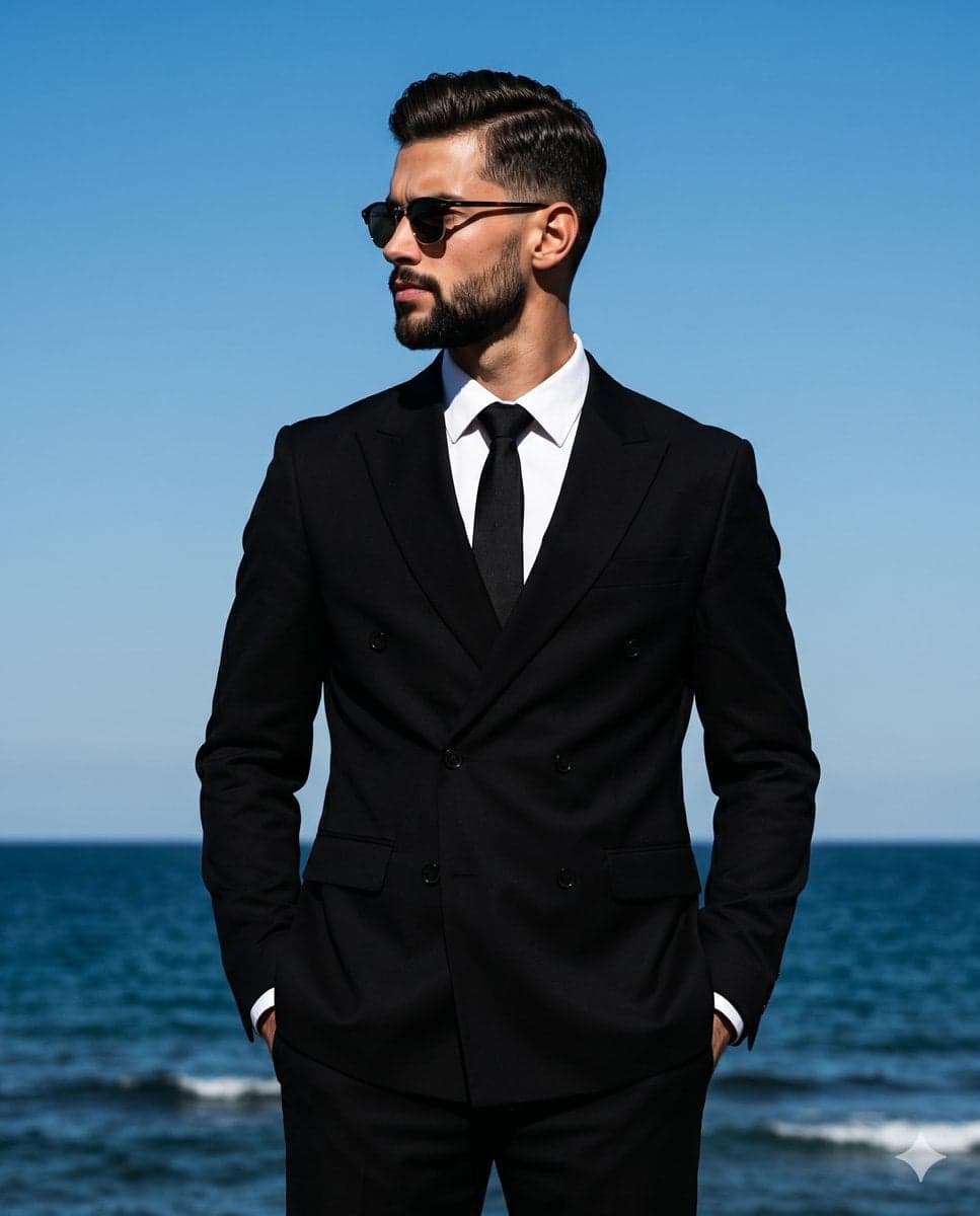 A handsome man stands perfectly centered in a medium-scale s
