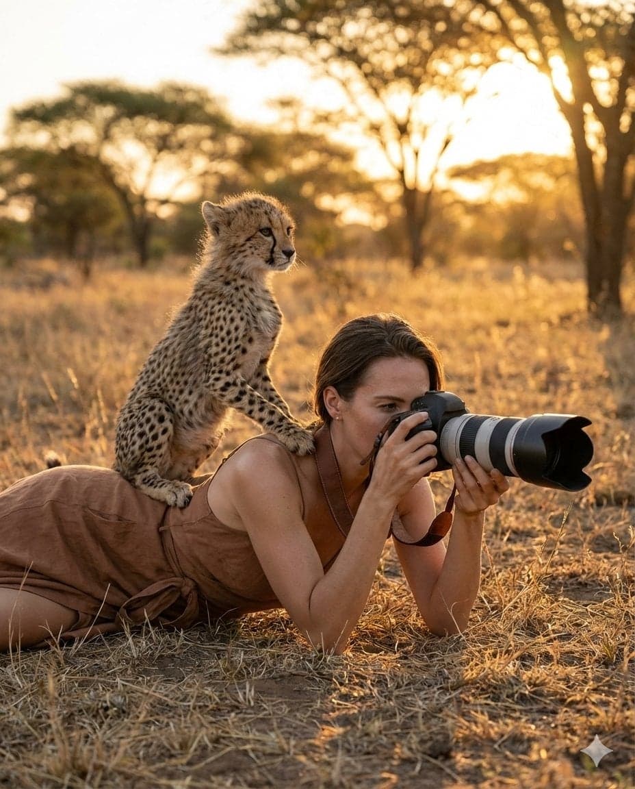 Ultra-realistic wildlife photography scene: An elegant woman