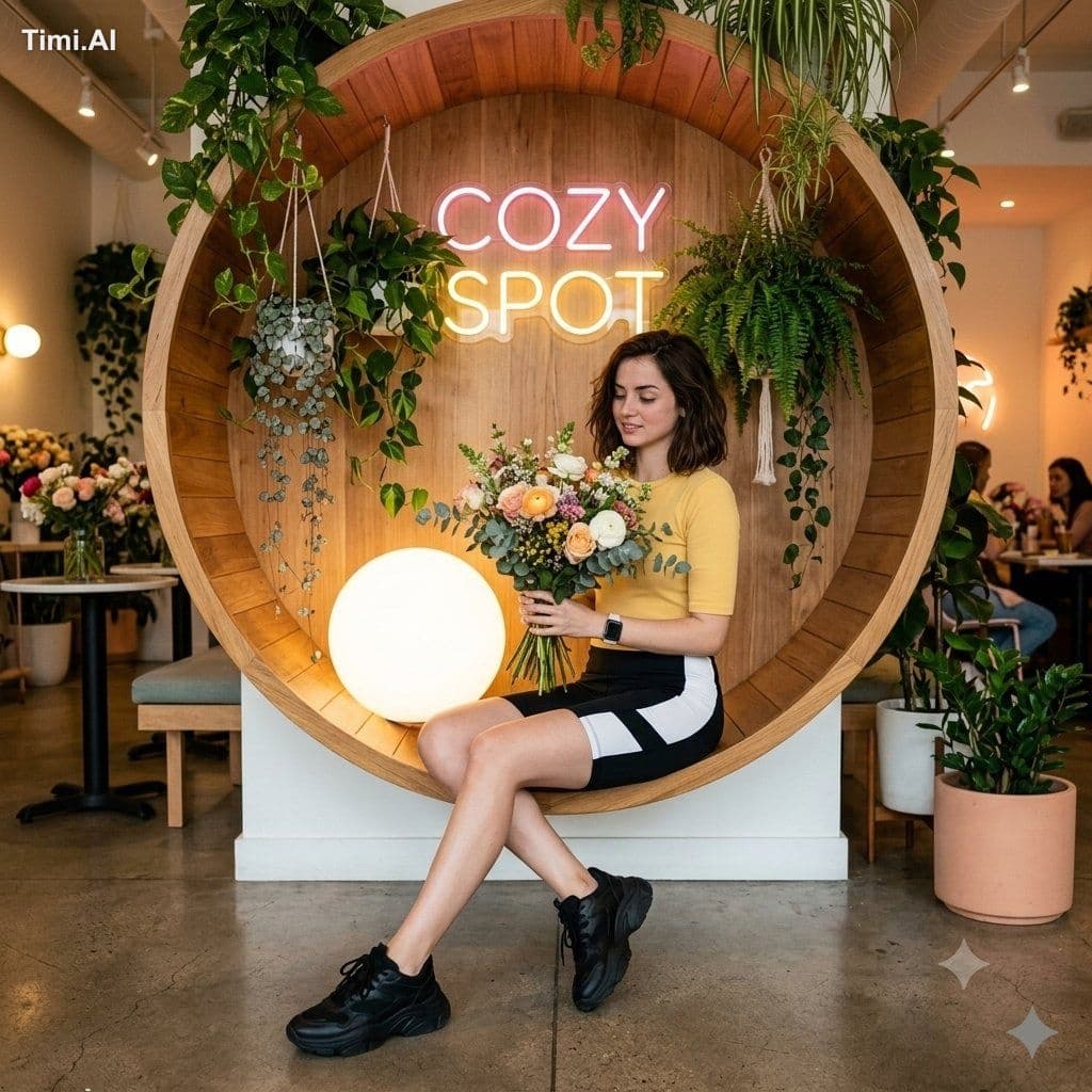 A young girl sitting in a circular wooden wall nook with han
