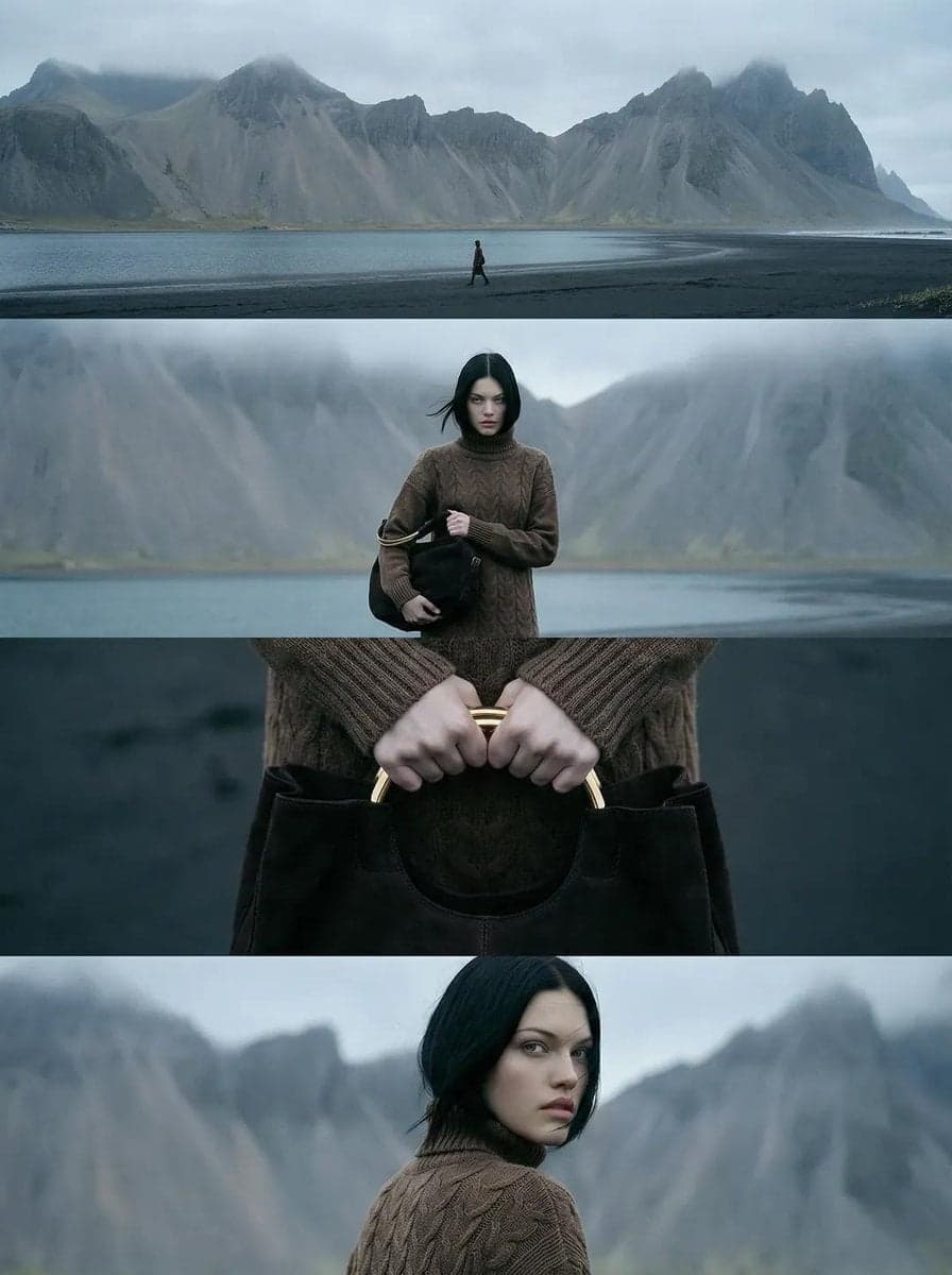 A vertical cinematic editorial image composed of four horizo
