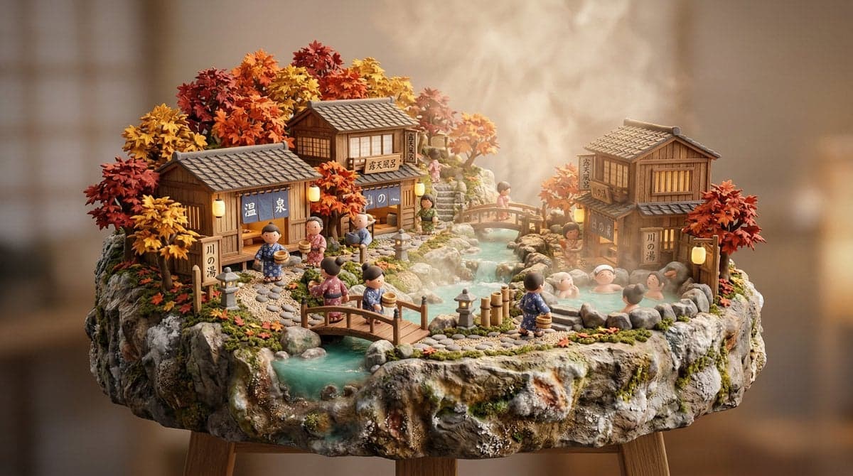 3D miniature scene, a [JAPANESE ONSEN VILLAGE] with [wooden 