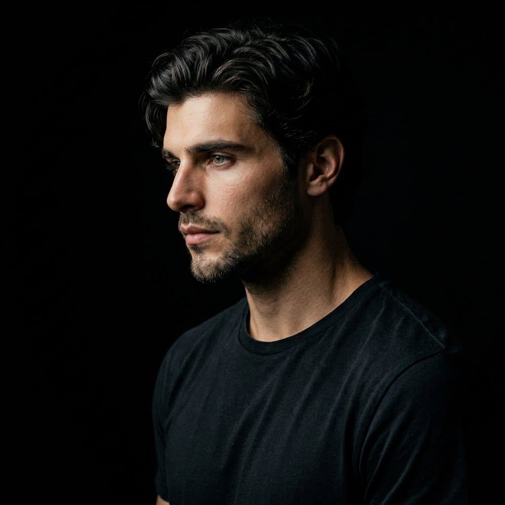 .
Create a powerful black-and-white cinematic portrait using