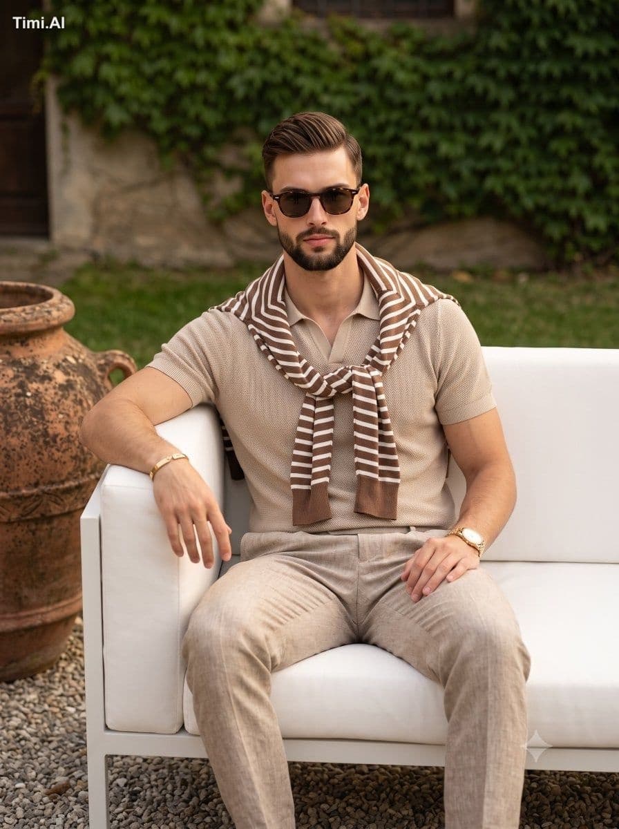 A confident young adult male sits squarely in the center of