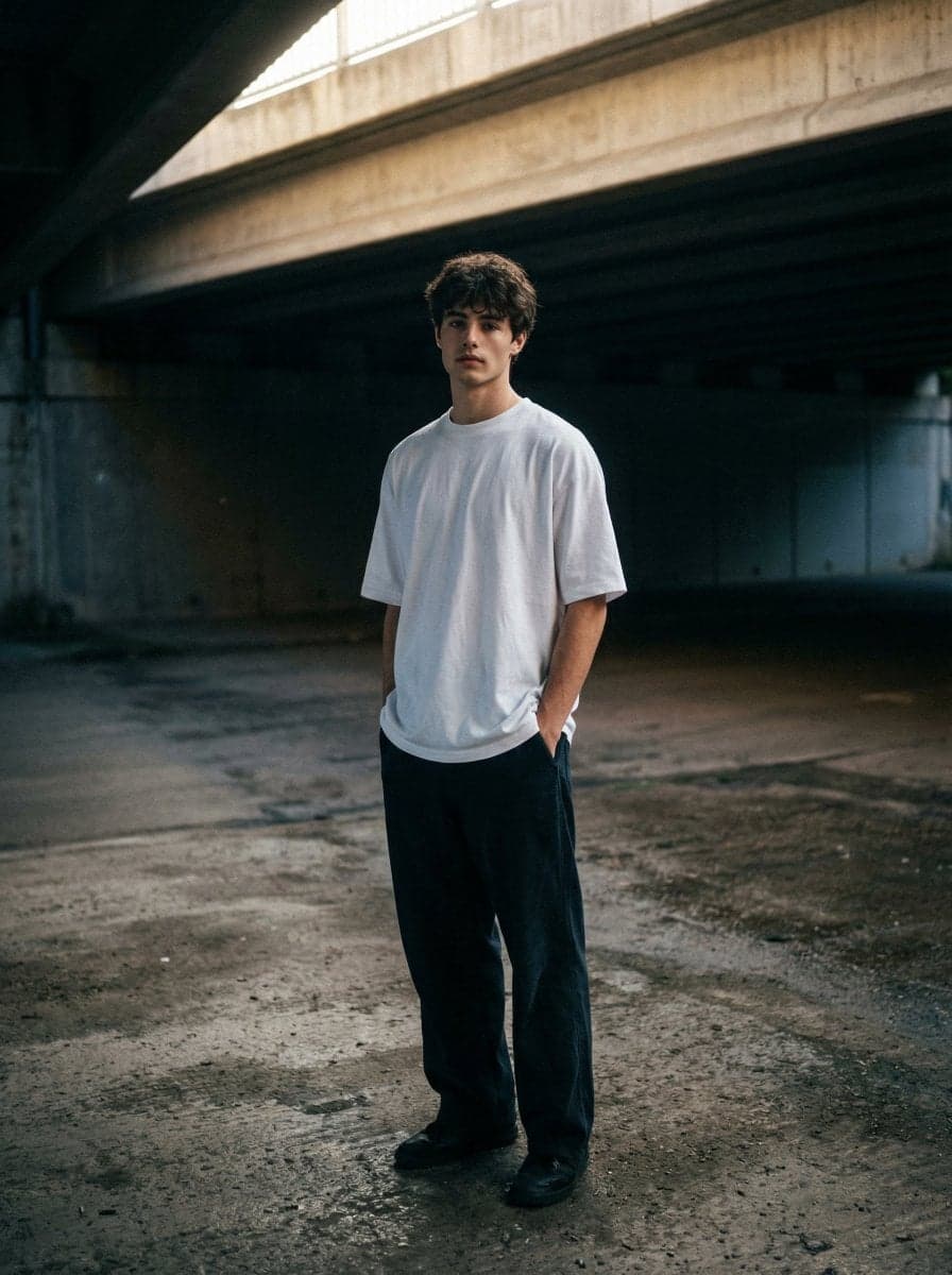 A moody, urban portrait of me standing under a desolate conc