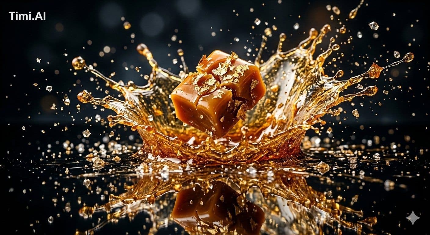 A premium golden toffee suspended in mid air above a mirror 