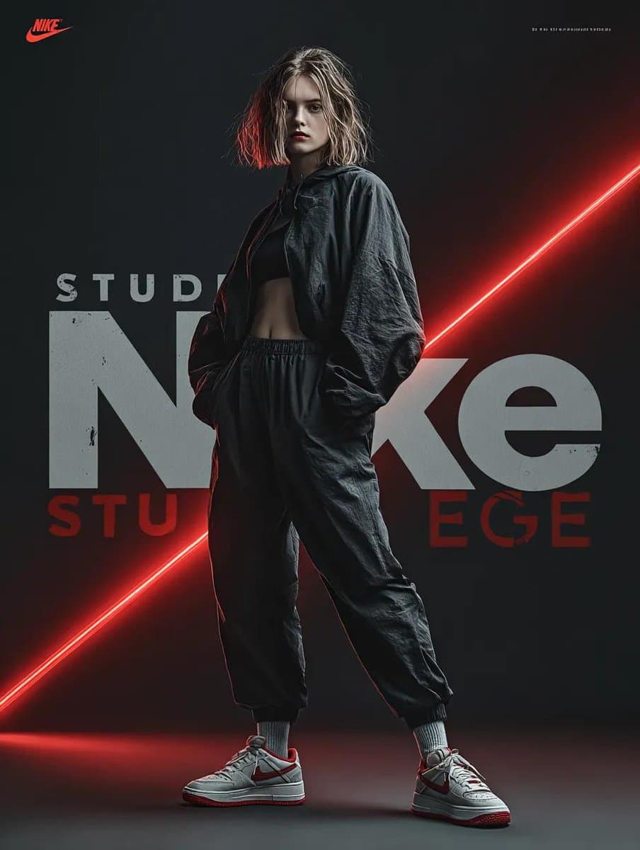 A dynamic fashion advertisement for Nike showing a hyper-rea