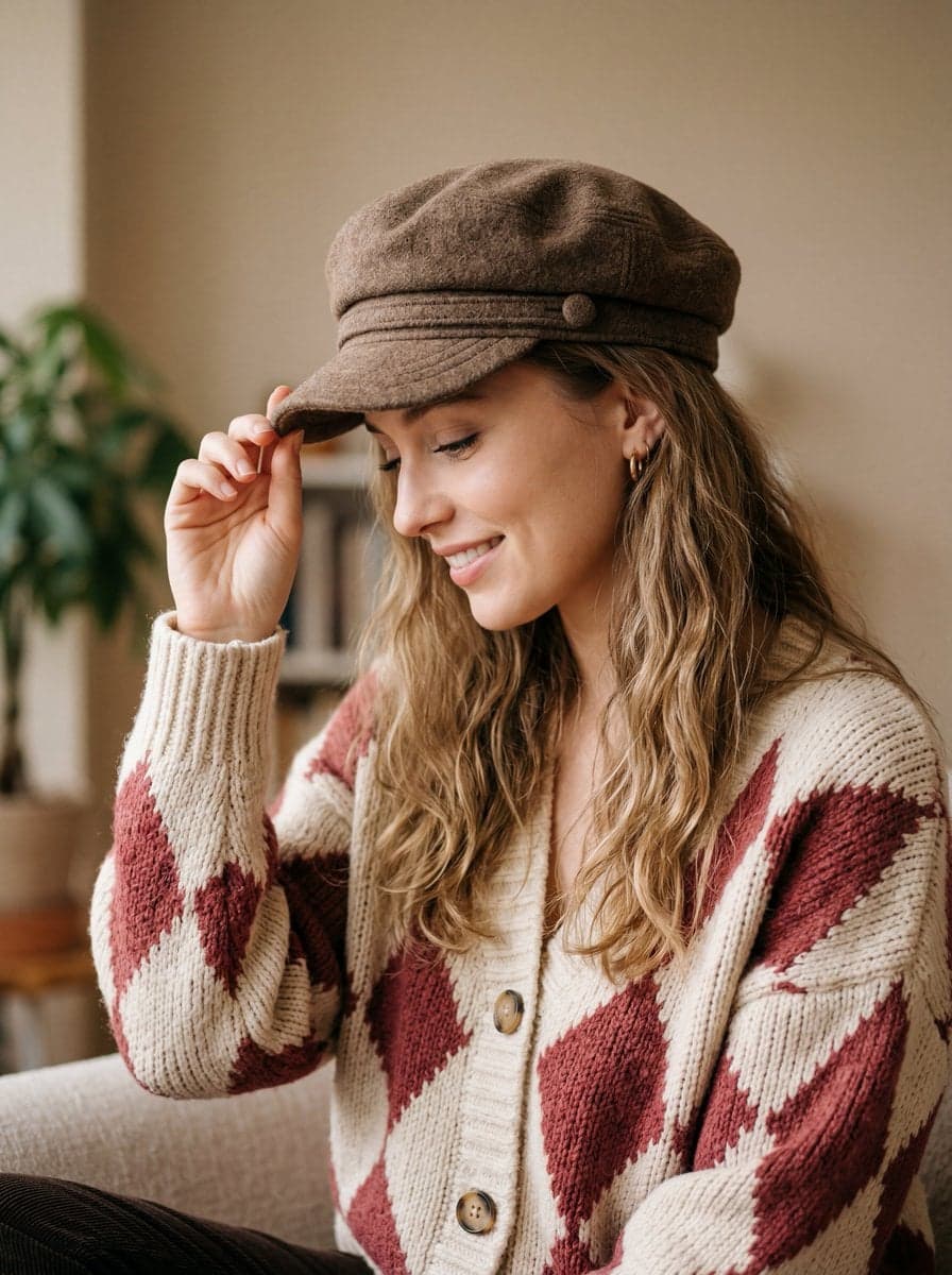 A warm, cozy, and high-quality portrait of a young woman wit