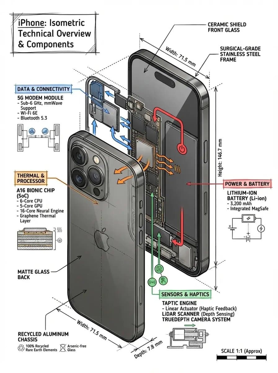 Create a technical infographic of [OBJECT] with a 45-degree 