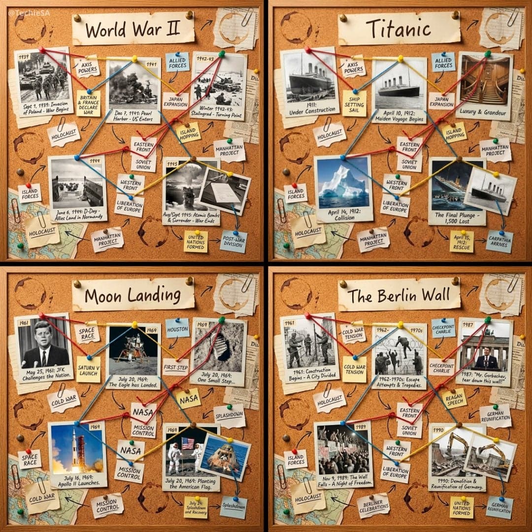 1080x1080 cork-board layout telling the story of [HISTORICAL