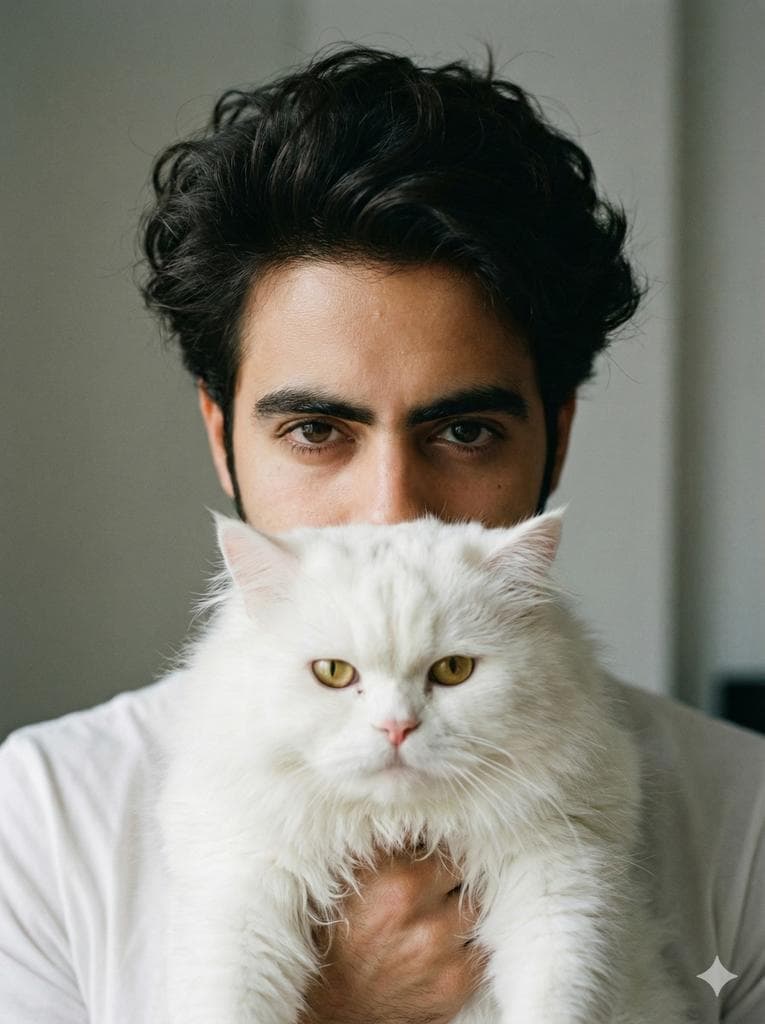 Close-up portrait of a young man Noor with long messy, volu