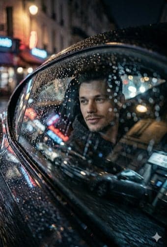 A low-angle, cinematic close-up shot looking through a rain-