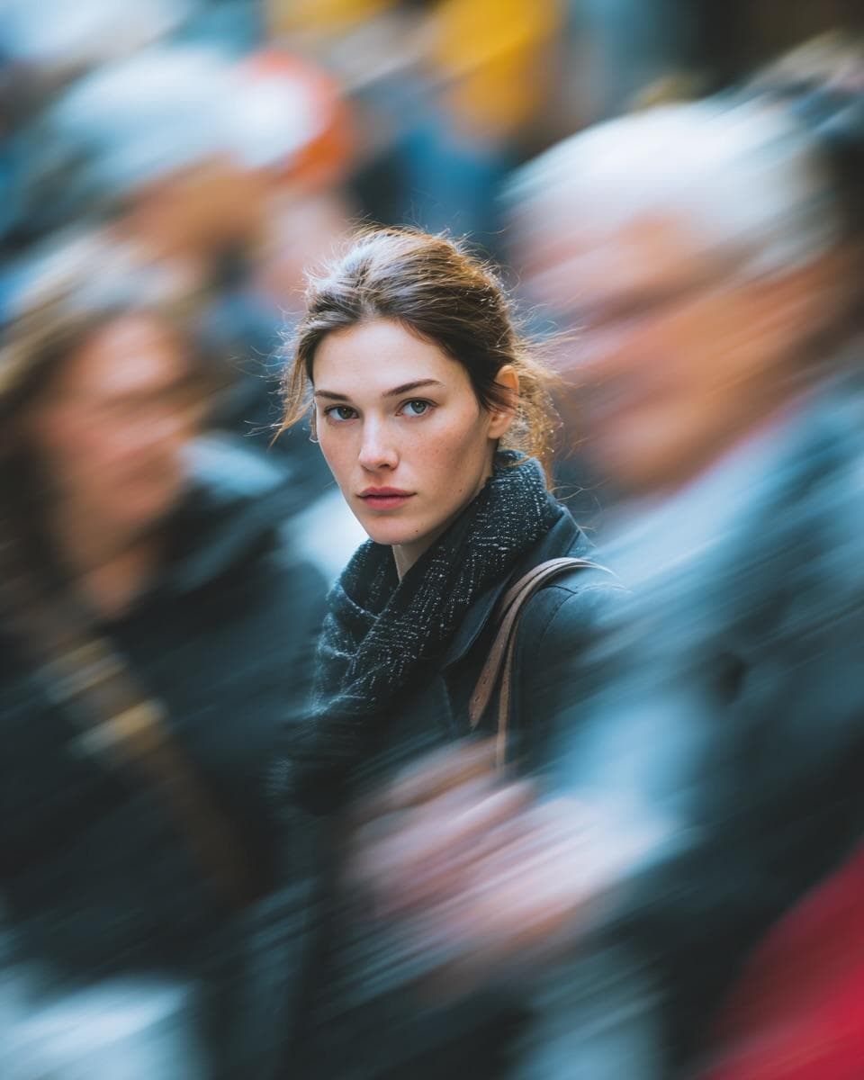 Ultra-realistic cinematic street portrait of a young woman s