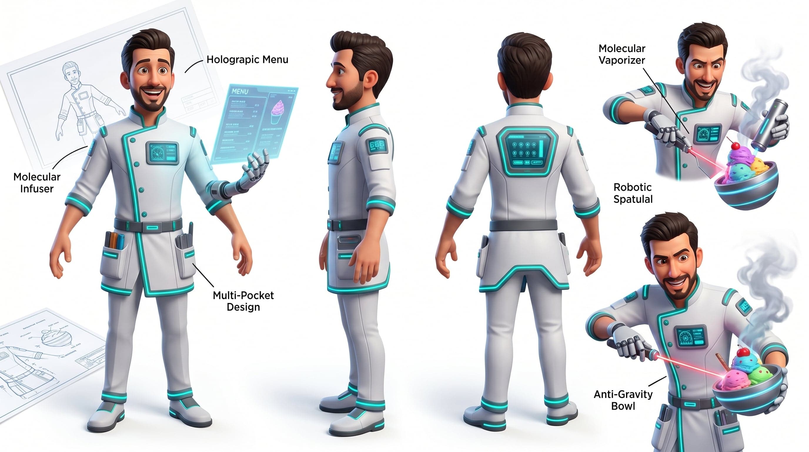 Pixar-inspired futuristic dessert scientist chef character s