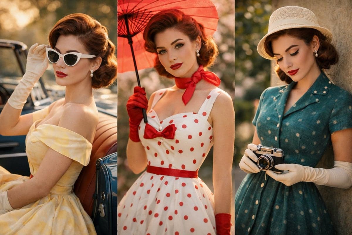 A cinematic vintage fashion portrait of a graceful young wom