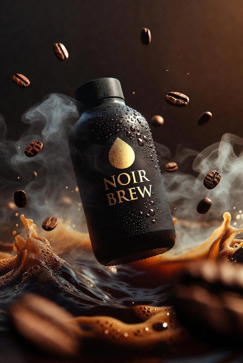 Ultra-cinematic premium coffee bottle labeled “NOIR BREW”, m