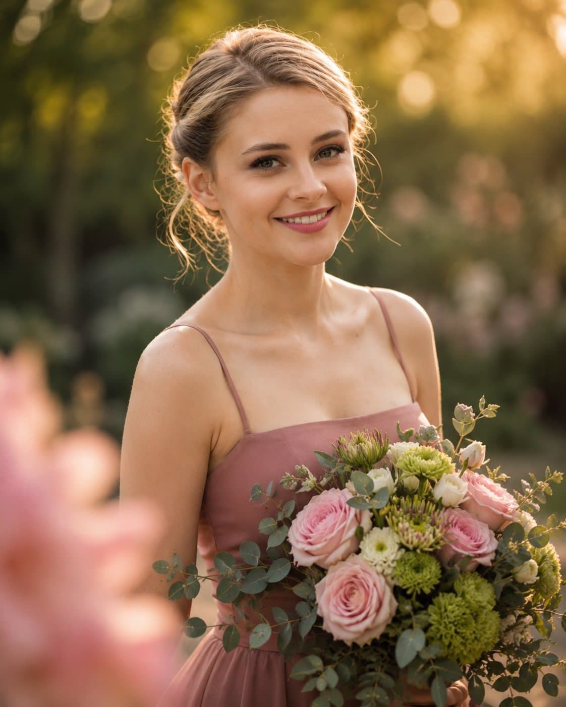 Wide romantic garden editorial shot, young woman in dusty ro