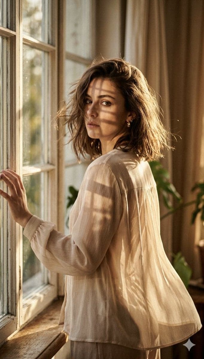 A high-fashion editorial portrait of a young woman standing 