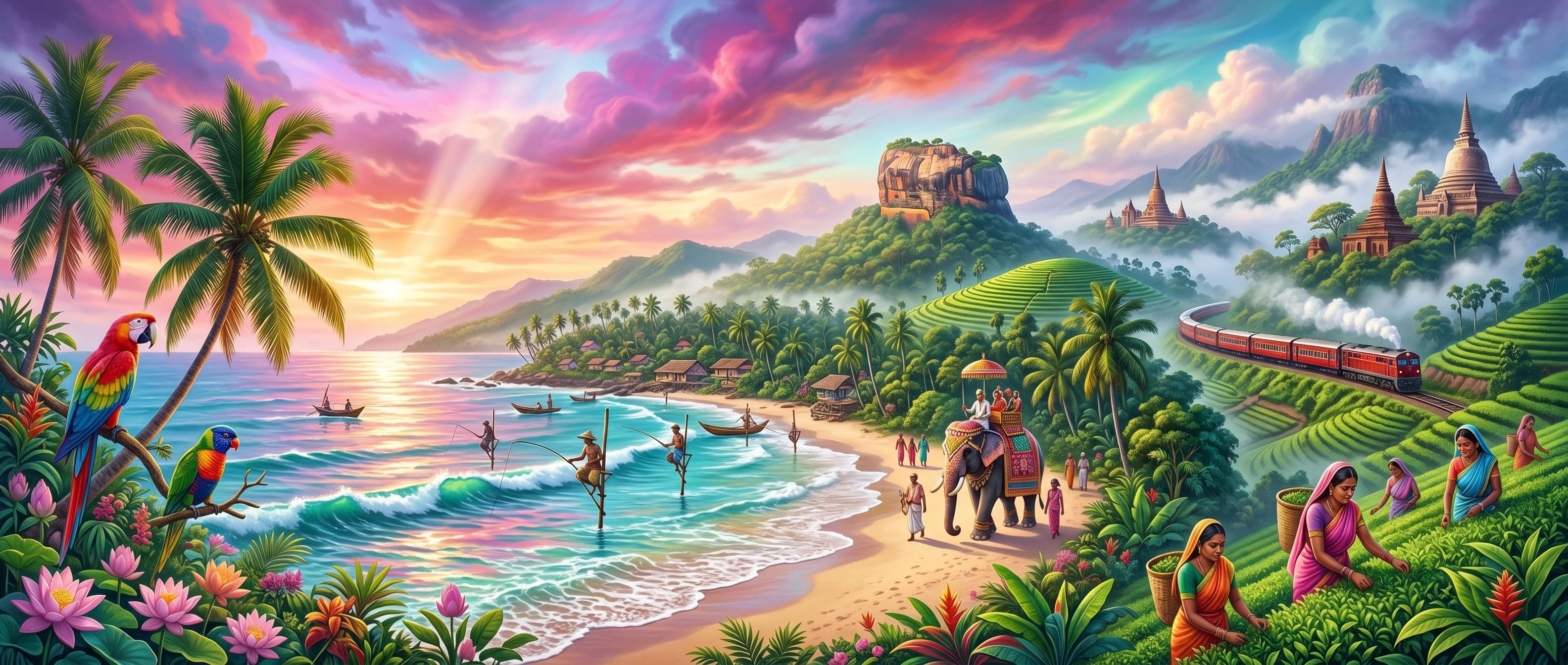斯里兰卡主题高端旅游主视觉插画，主题“Lanka 巡友冀”，21:9超宽横版构图，梦幻热带岛屿风格，融合现代数字插画与复
