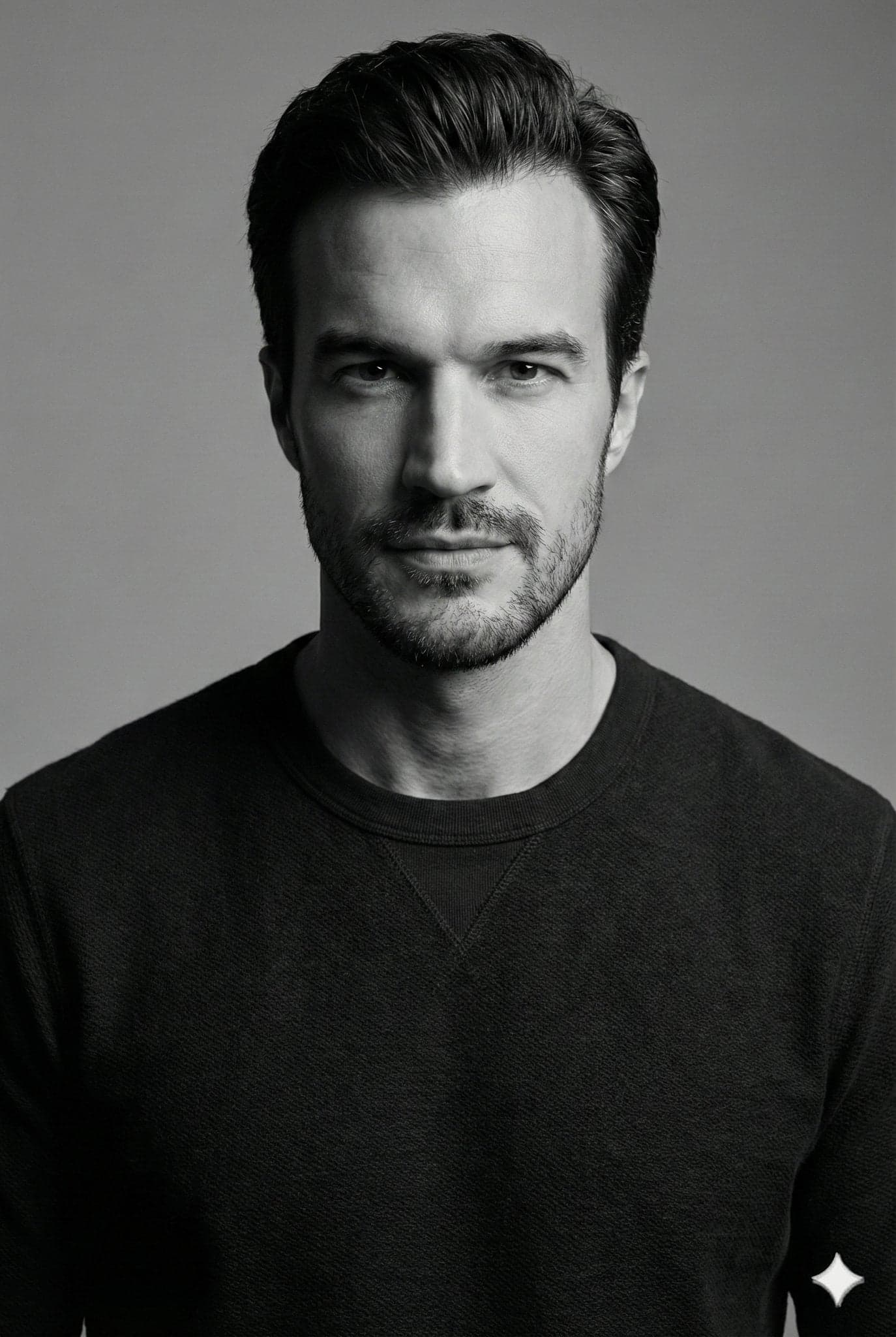 {
  "style": "monochrome studio portrait",
  "subject": {
  