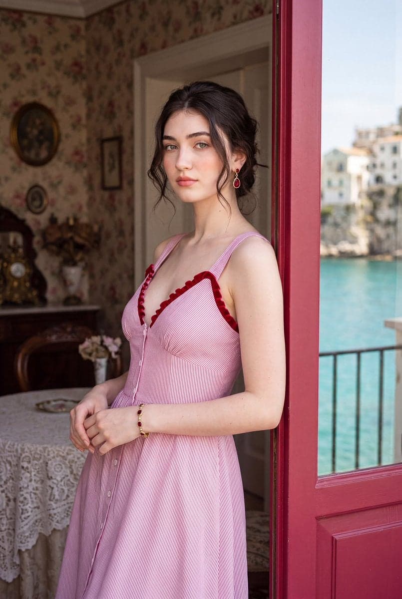 Photorealistic romantic European travel editorial portrait o