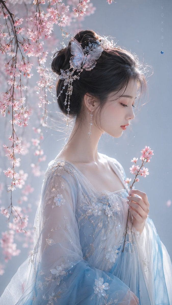 一位清冷古风少女侧脸半身人像,黑色盘发,发间有半透明蝶形发饰,闭眼或微垂眼,神情安静温柔,手中轻托一枝粉色樱花,头顶与画