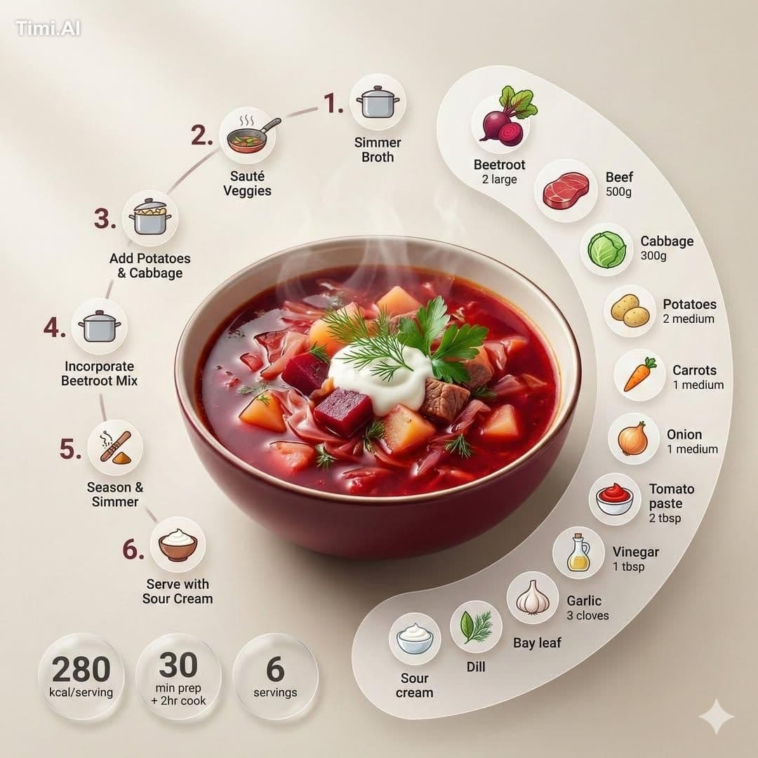 Ultra-clean modern recipe infographic. Feature Borscht (rich