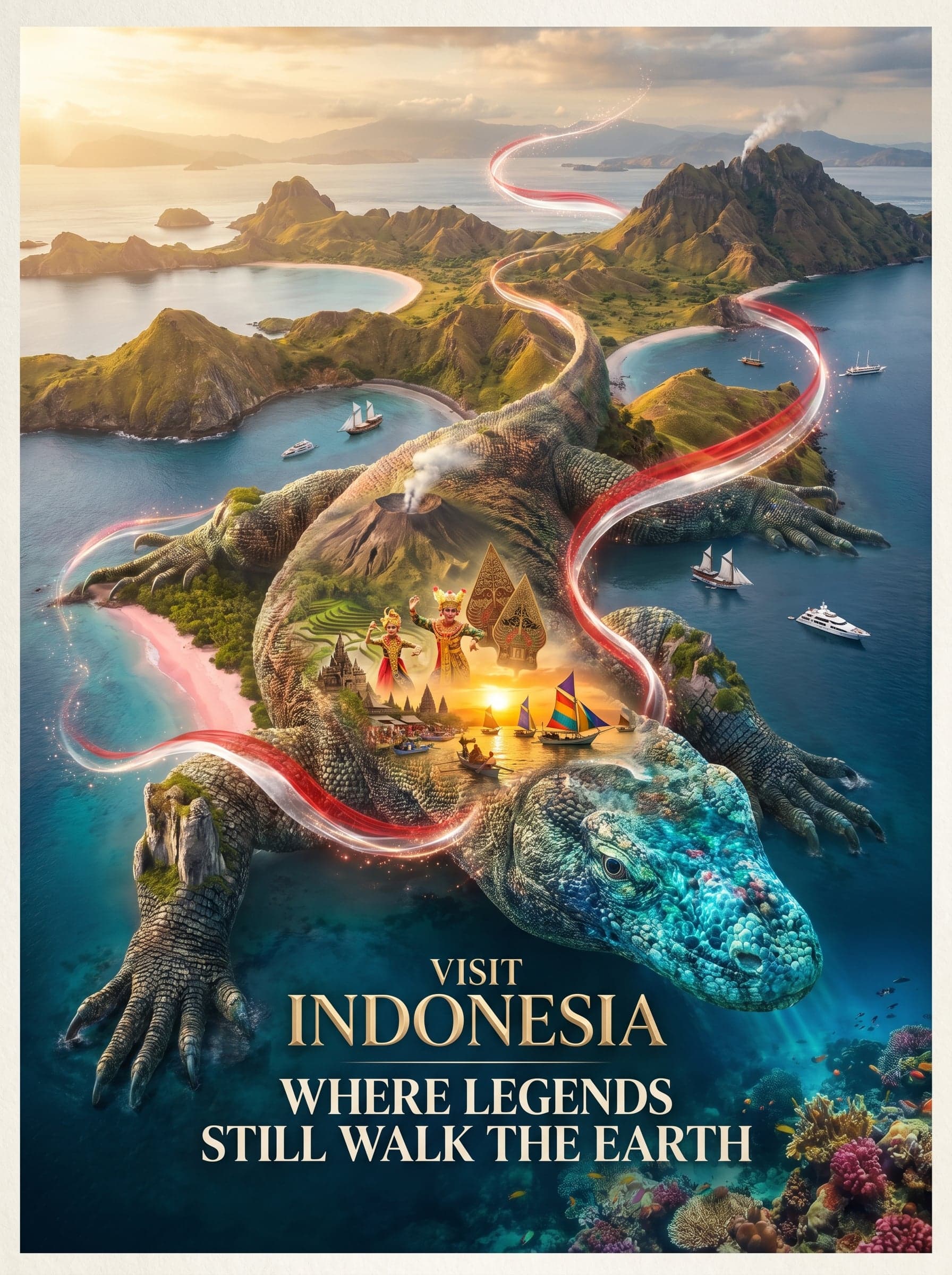 Create a revolutionary tourism poster for Indonesia where th