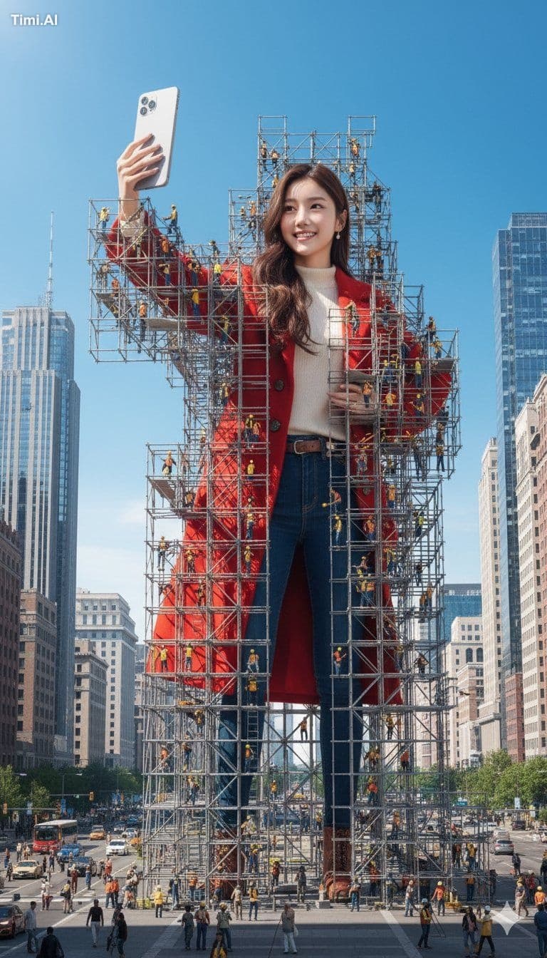 图片中人物站着自拍的超写实3D渲染图。画面里这个巨型人物全身环绕着庞大的脚手架,脚手架上有许多身形微小的建筑工人正在作业