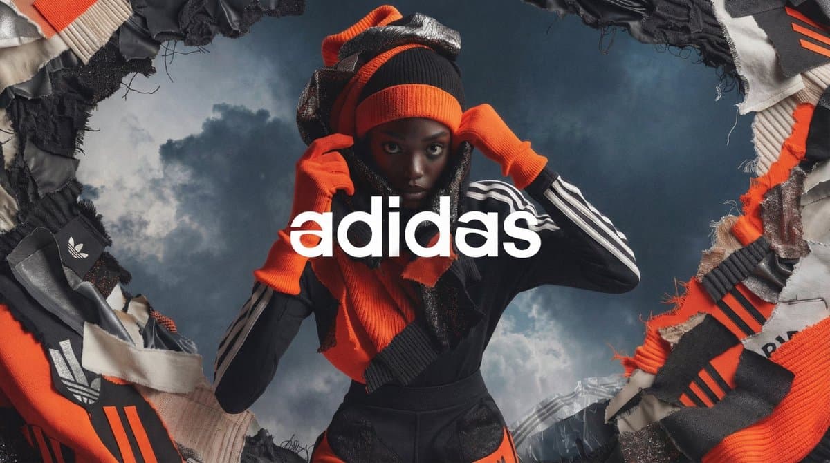[BRAND]. A high fashion campaign poster. A model with a stro