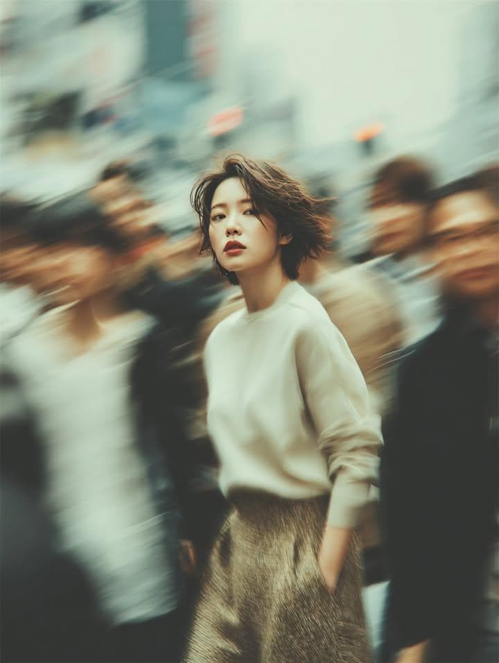 A cinematic street portrait of a young woman standing still