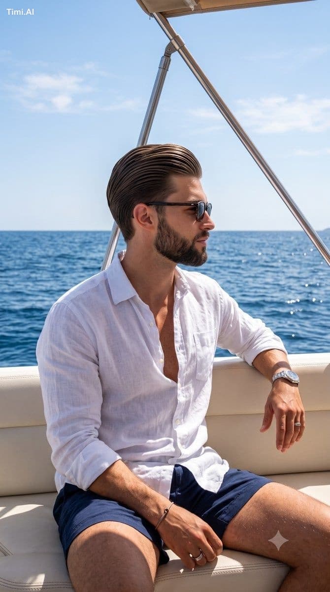 A young man sits comfortably on a boat, his face turned in s