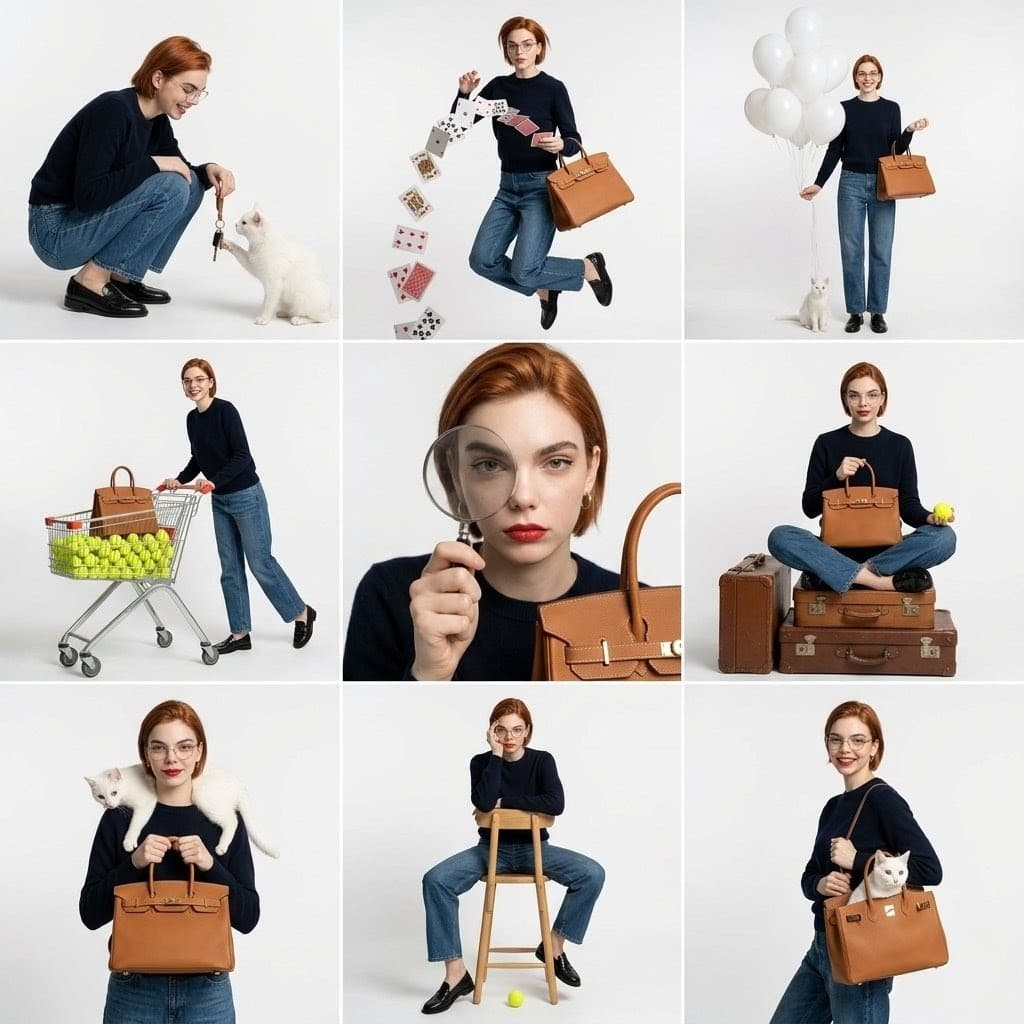 studio fashion collage, 3x3 grid layout, same subject repeat