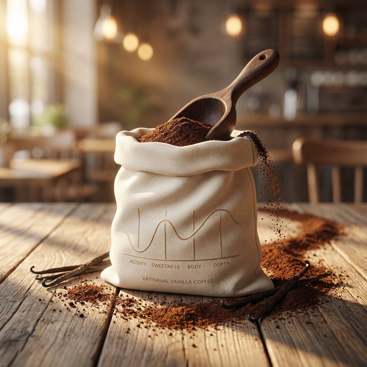 Luxury product photography of artisanal vanilla ground coffe
