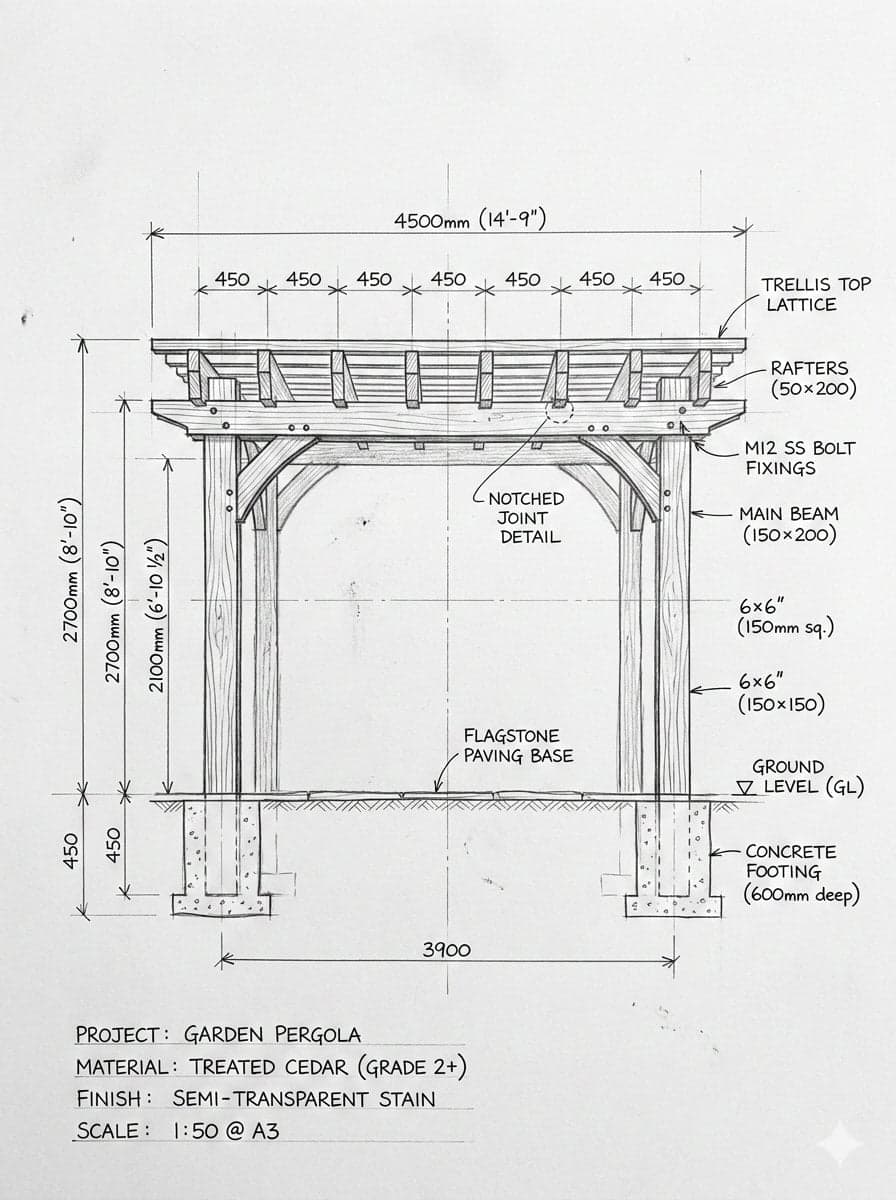 Pergola Blueprint Prompt: Hand-drawn architectural pencil sk