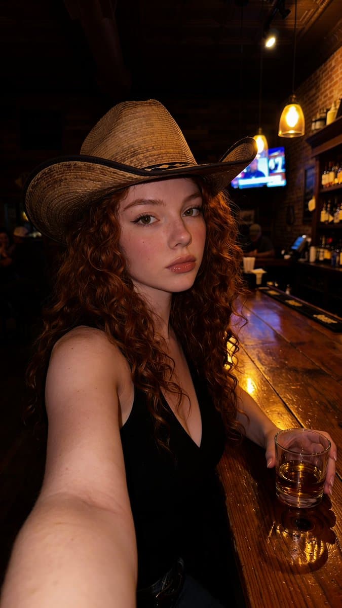 Ultra-realistic cinematic western bar portrait of a young wo