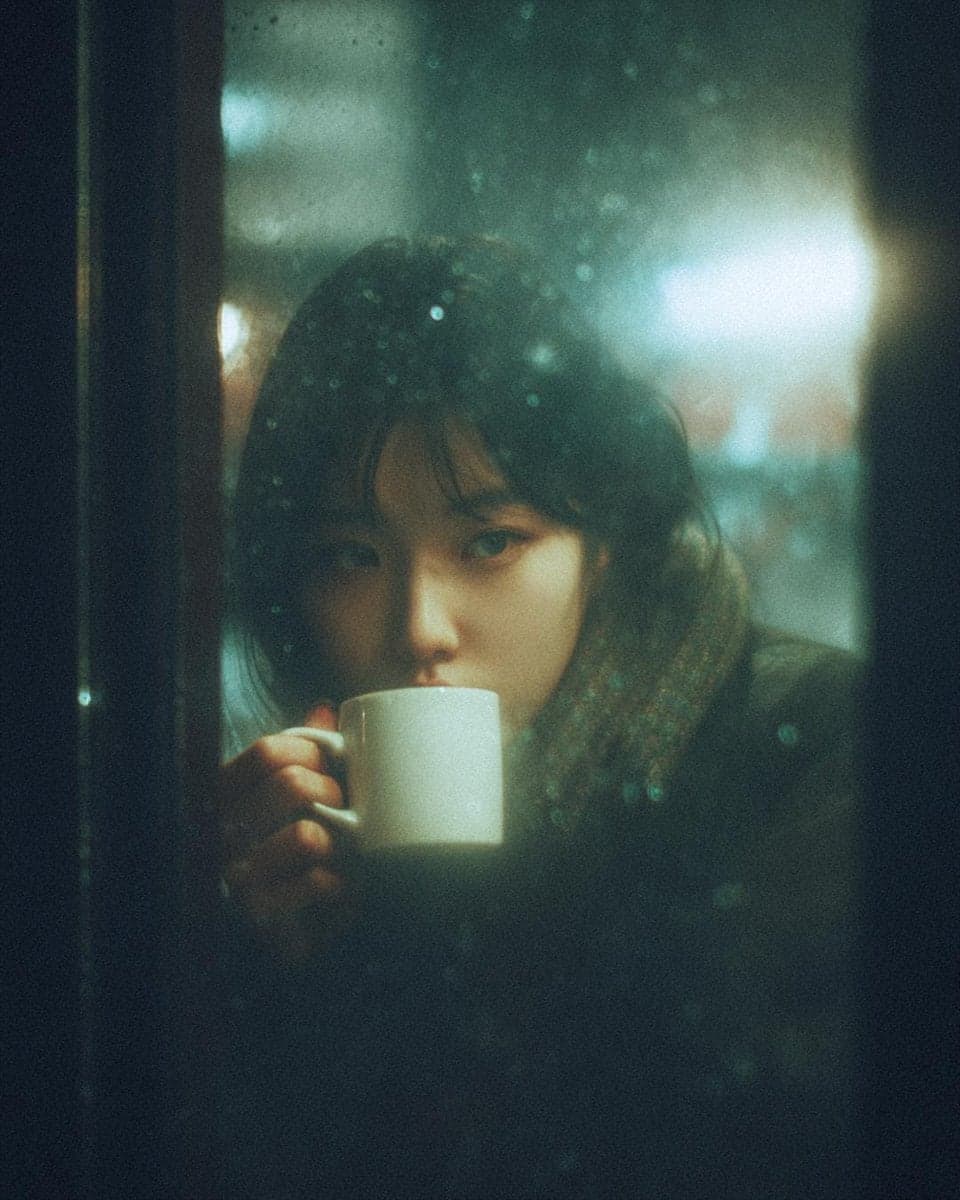 A cinematic, moody photograph of a young woman sitting insid