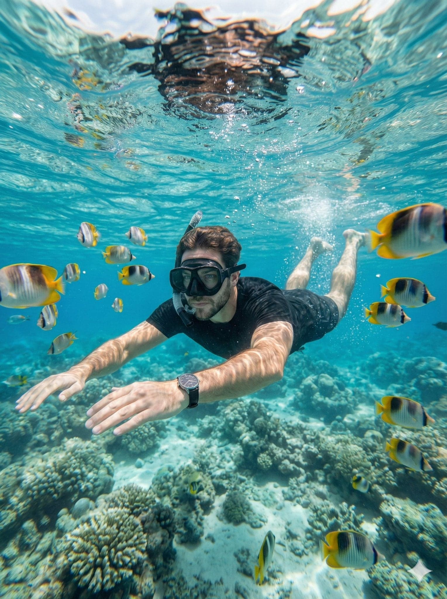 Create a hyper-realistic underwater close-range portrait cap