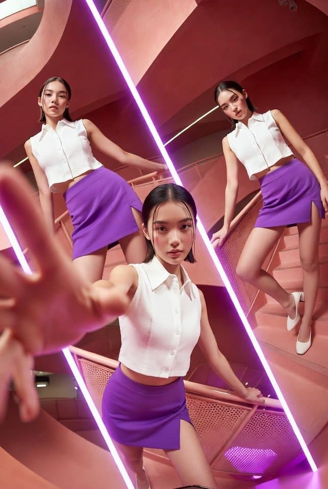 A vibrant, high-fashion commercial photoshoot featuring a yo