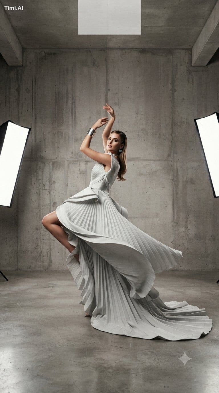A professional studio fashion editorial featuring a model po