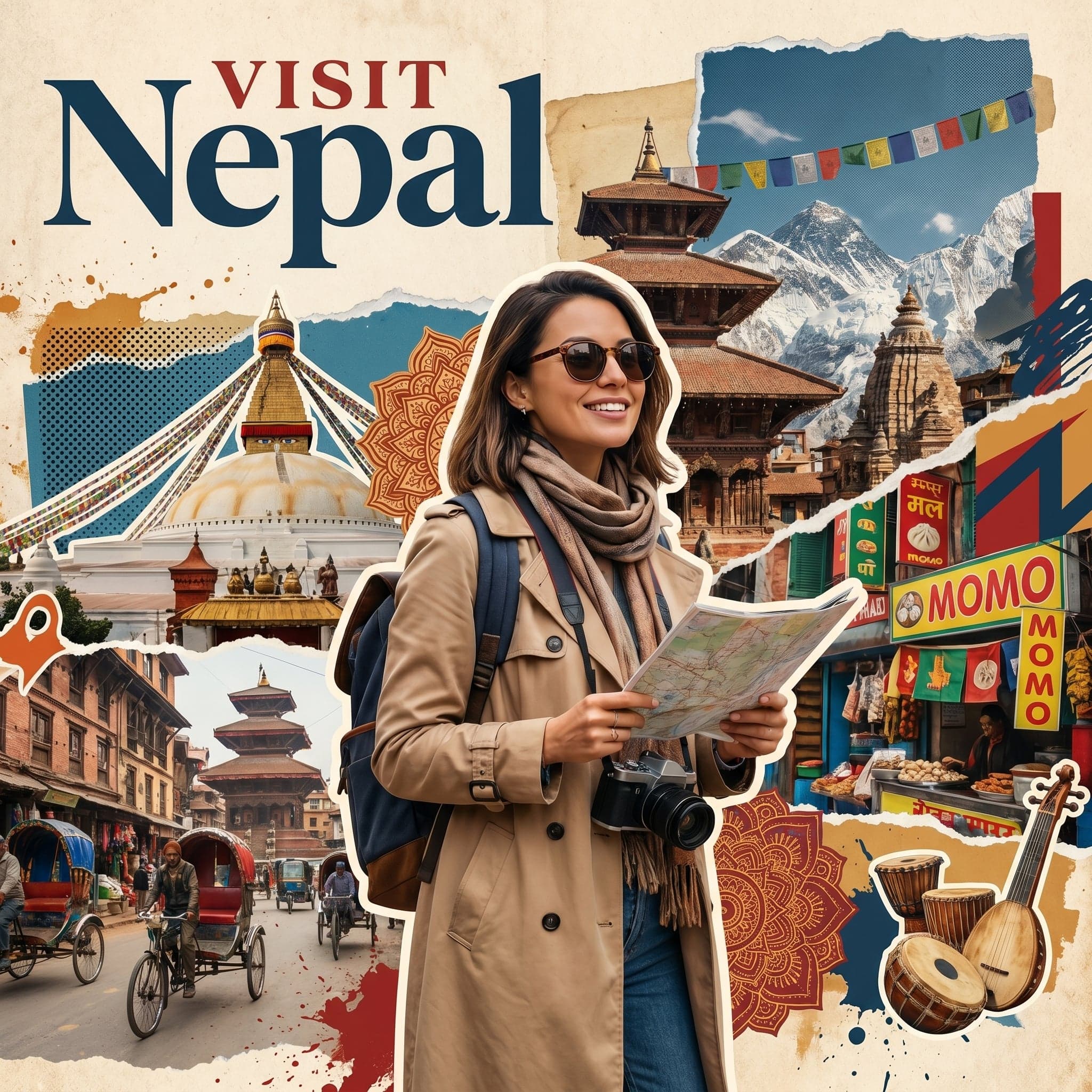 Create a stylized travel poster / graphic collage for Nepal.