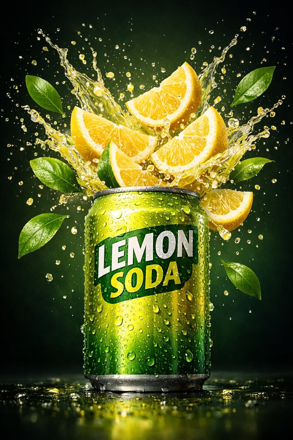 A hyper-realistic commercial product shot of a
lemon soda ca