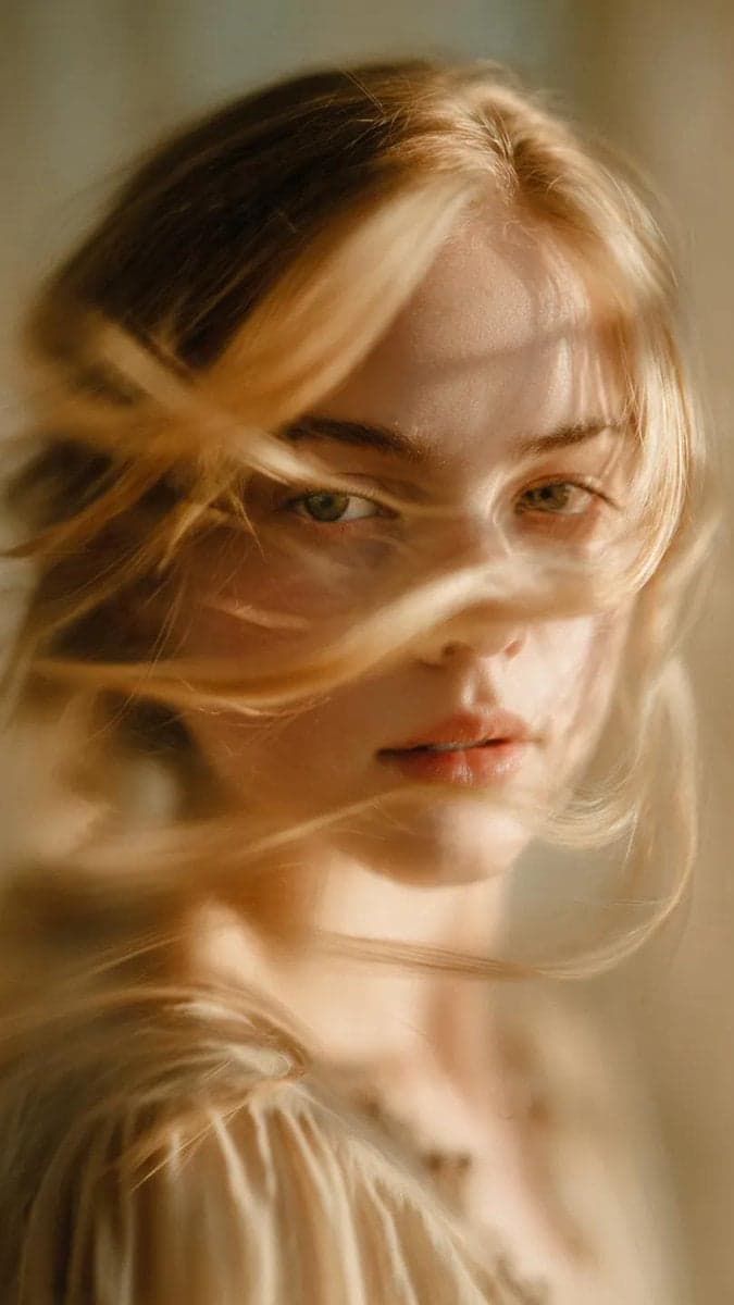 A soft-focus, cinematic portrait of a young woman with delic