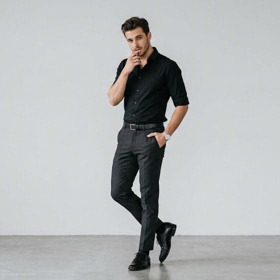 Full-body portrait of a stylish young man standing against a