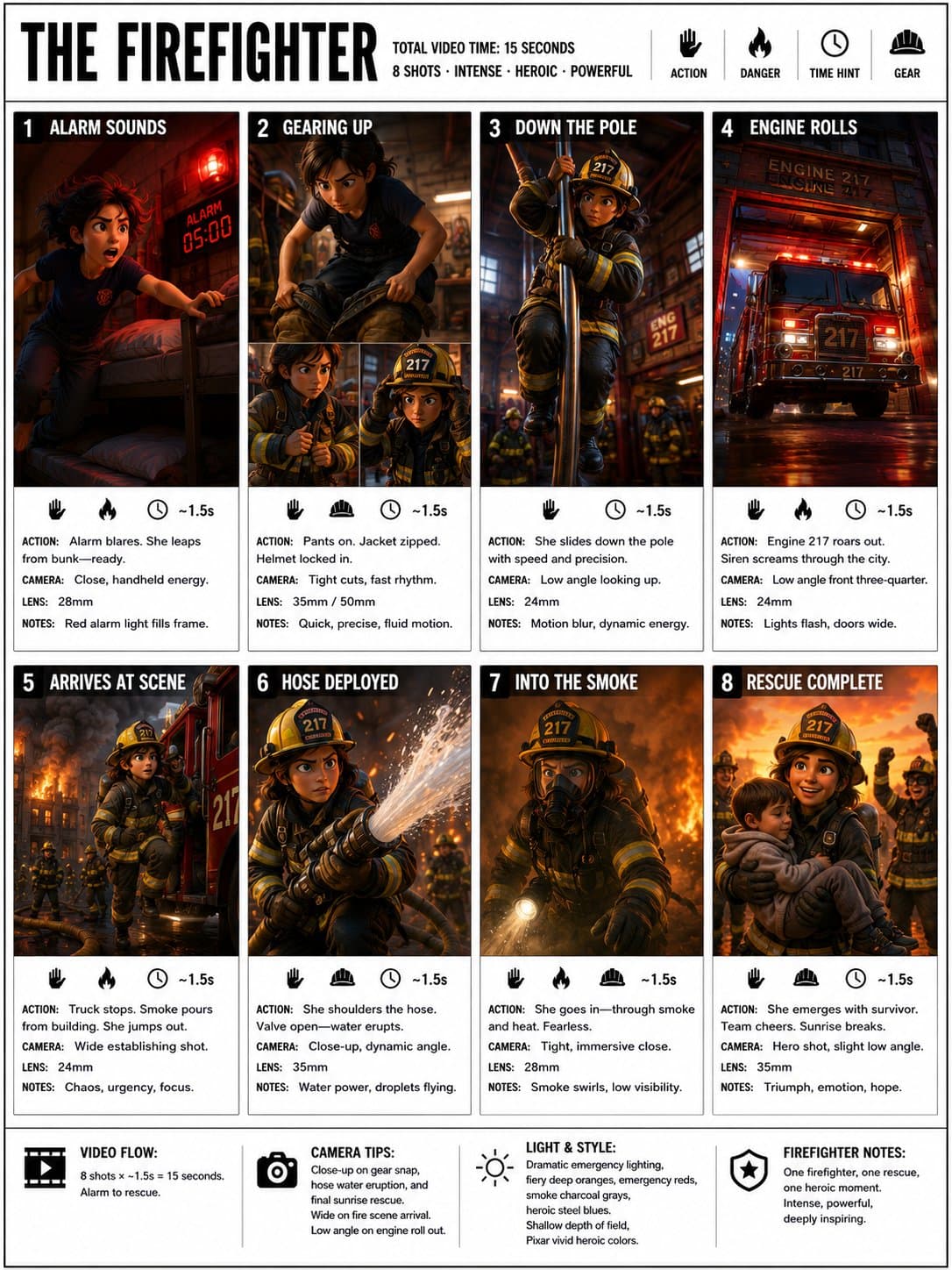 Use the attached THE FIREFIGHTER storyboard image as the exa